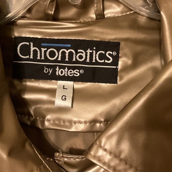 Vintage 80’s Chromatics By Totes Gold PVC Rain Jacket Snap Closure with Pockets - Picture 3 of 6